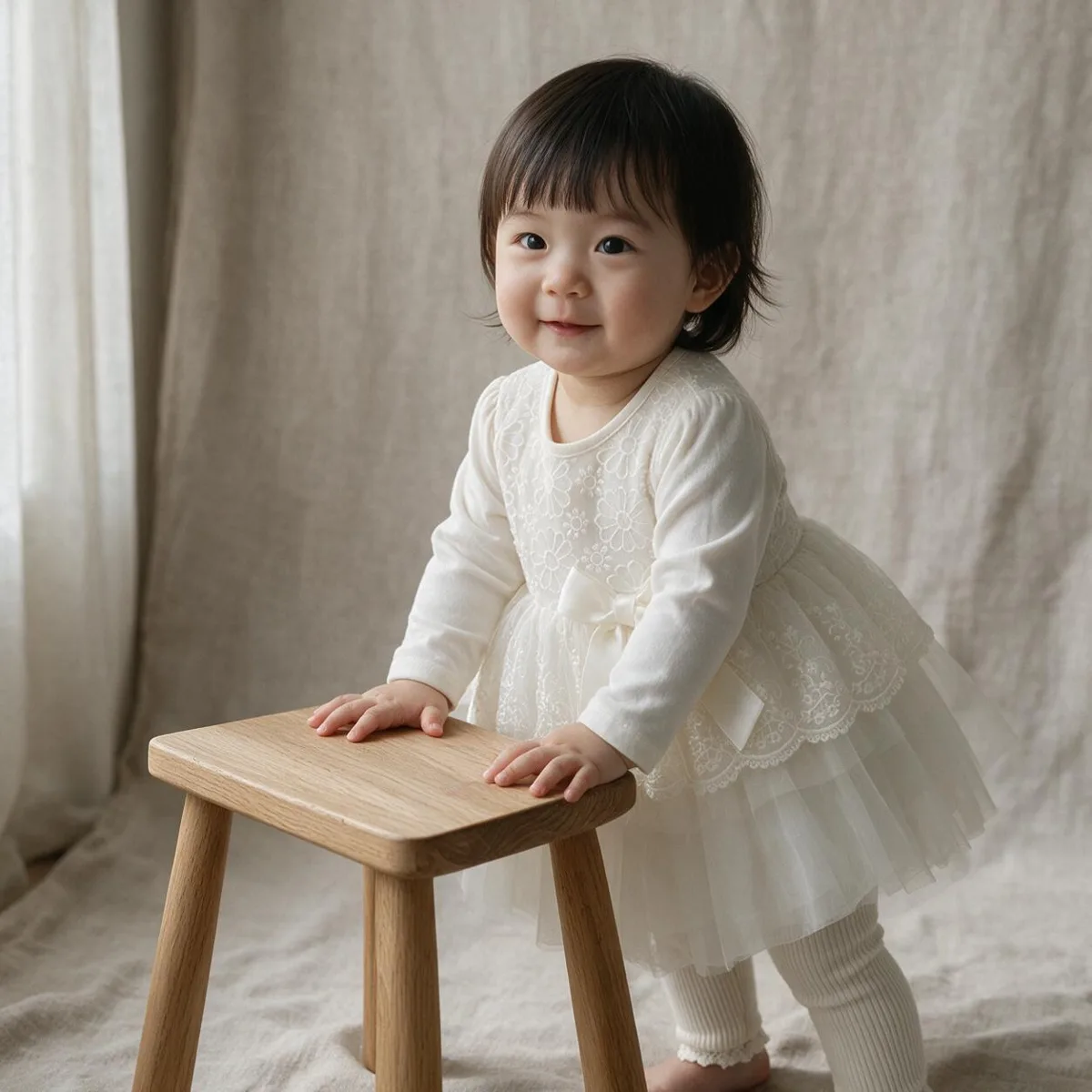 Baby standing at a wooden stool in a tiered ivory lace and tulle dress
