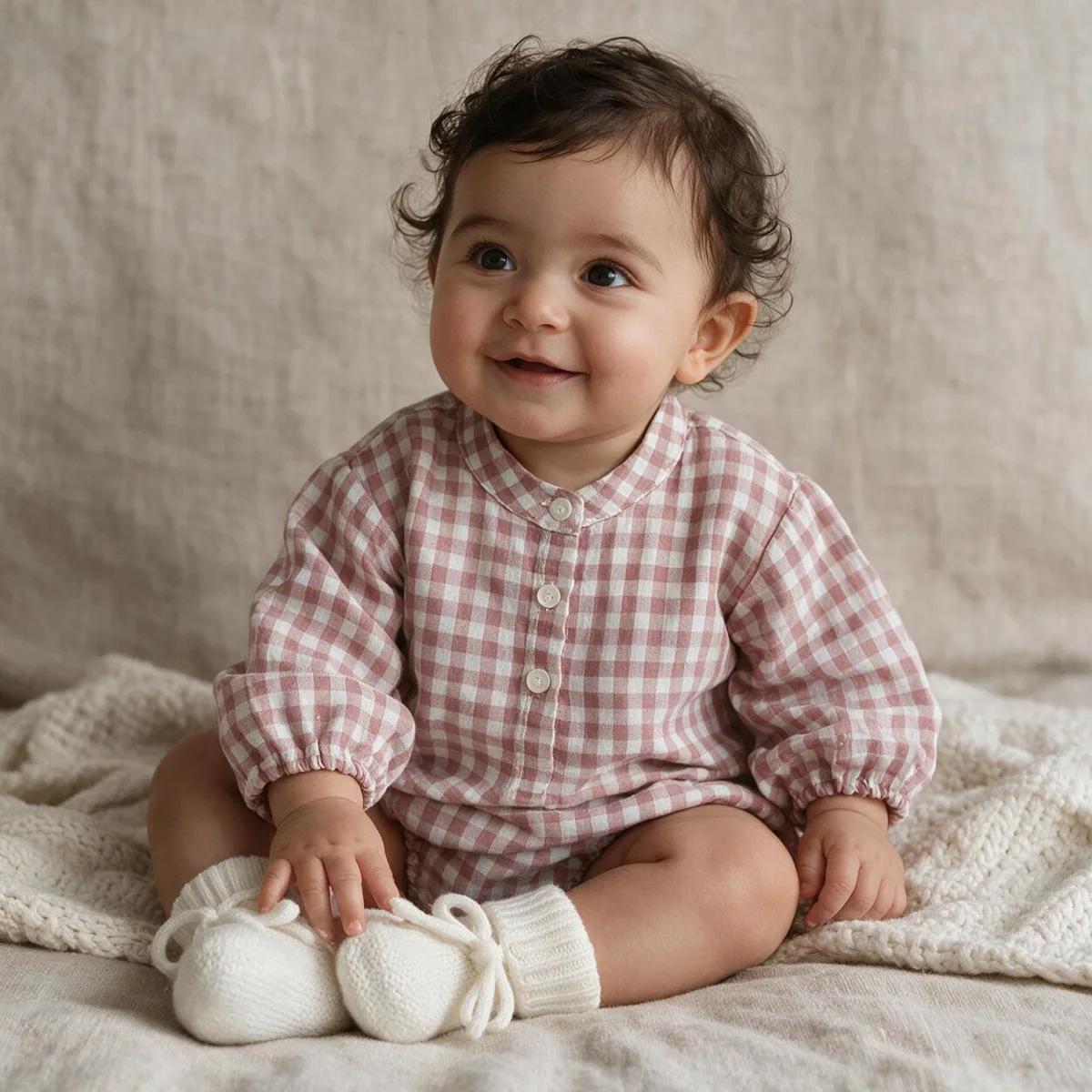 Baby sitting in a pink gingham button-front romper and white knitted booties