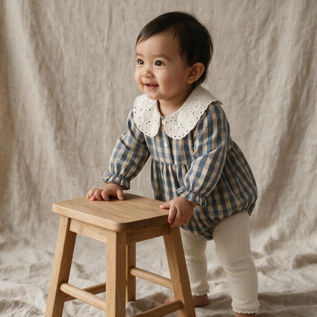 Baby standing at a stool in a blue plaid dress with a wide lace collar and cream tights