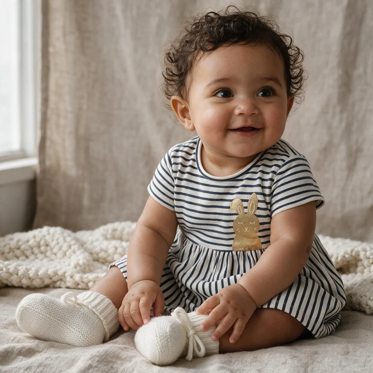 Baby sitting in a navy and ivory striped dress with a gold bunny emblem and white booties