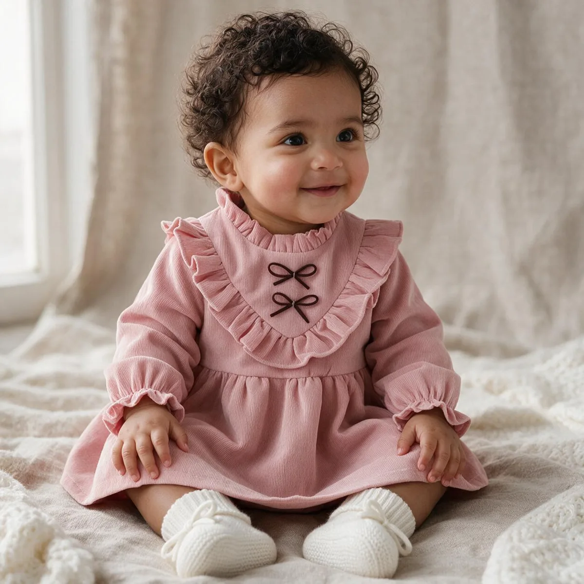 Baby sitting in a dusty pink ruffled dress with a bow at the shoulder