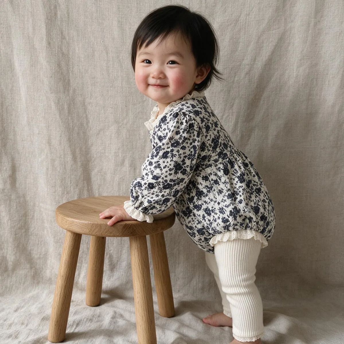 Baby holding a stool in a dark floral romper and cream ribbed tights, looking back