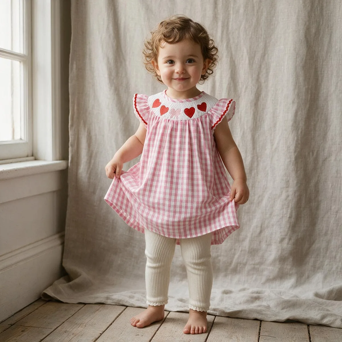 Toddler standing in a pink gingham smocked dress embroidered with red hearts and cream leggings