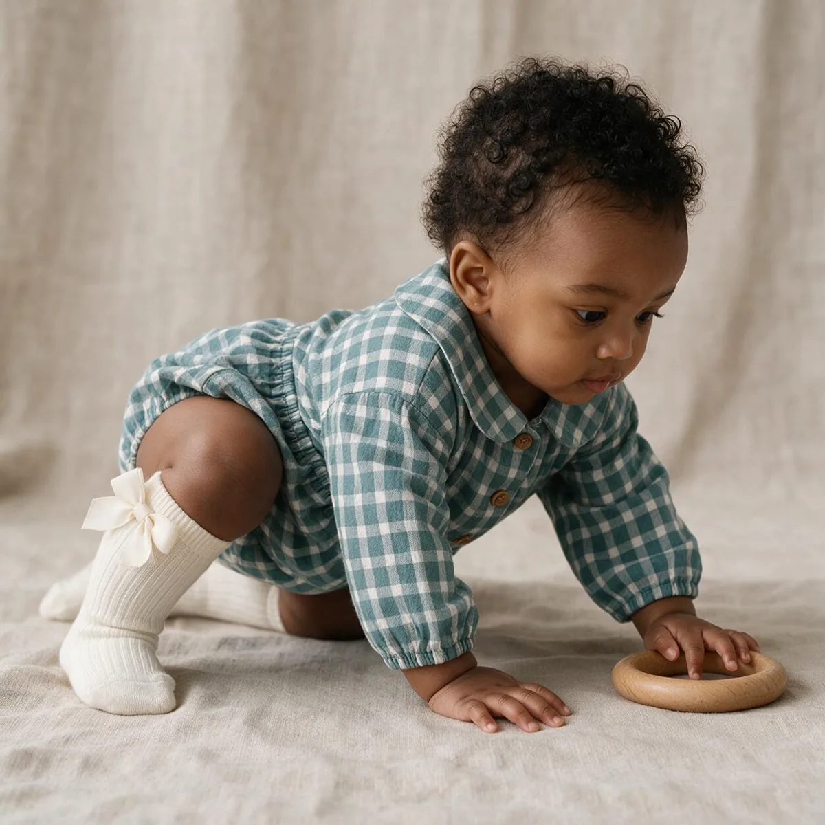 Baby crawling in a teal plaid bubble romper with white bow socks