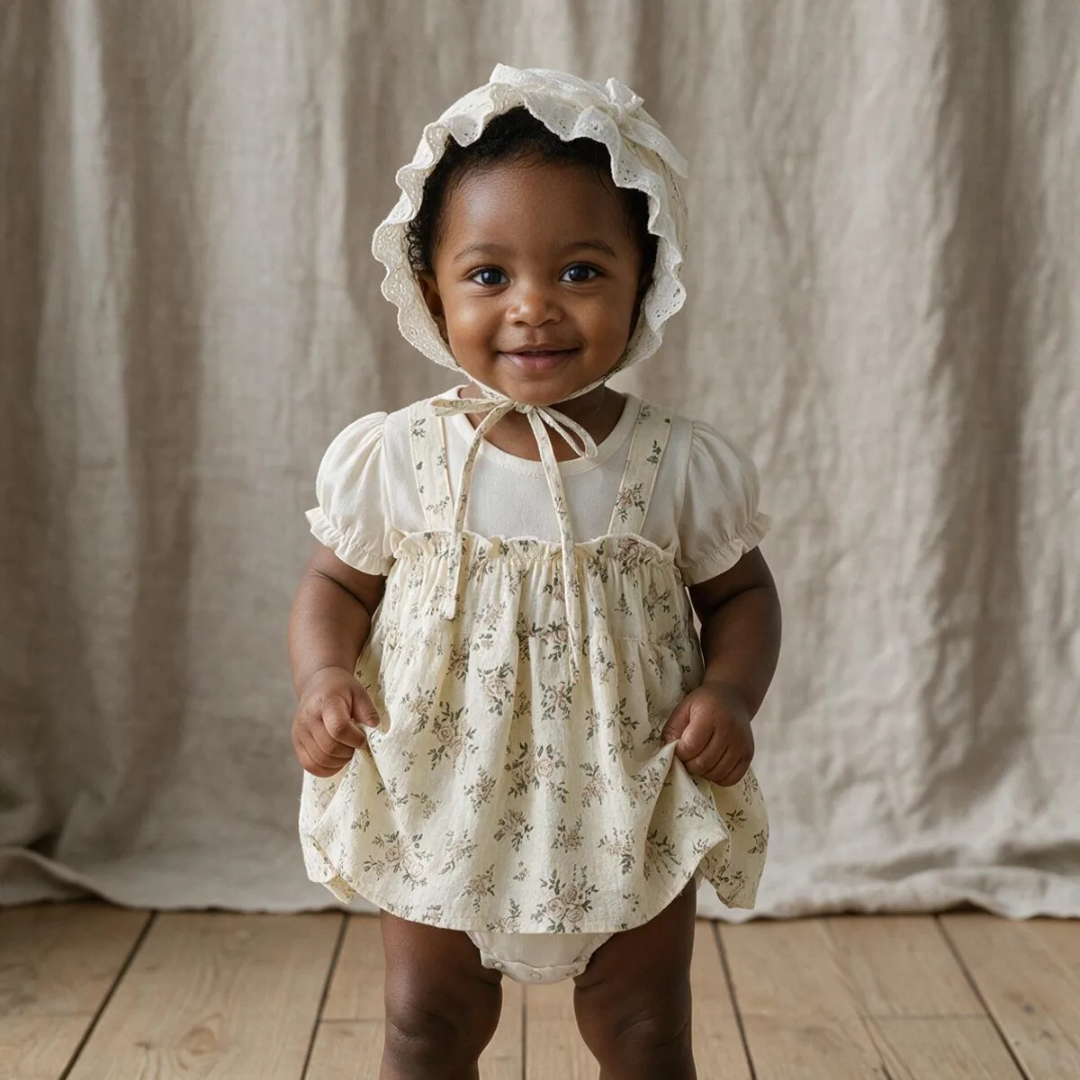Baby standing in an ivory floral pinafore romper and lace bonnet