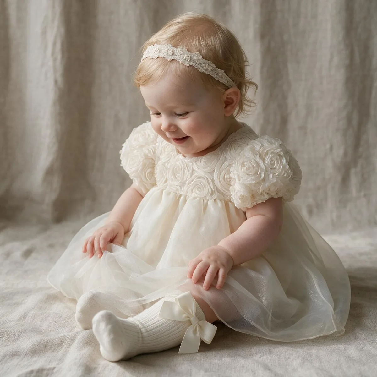 Baby sitting in an ivory lace occasion dress with a lace headband