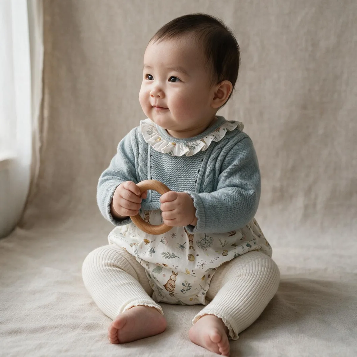 Baby sitting in a dusty blue cardigan with lace collar over a floral romper, holding a teether