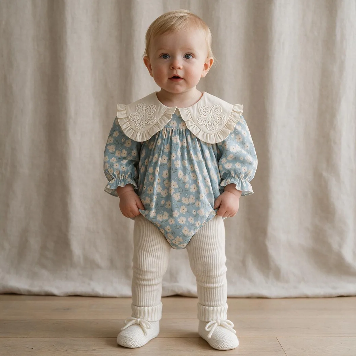 Toddler standing in a blue floral romper with a wide lace sailor collar, cream tights and white shoes
