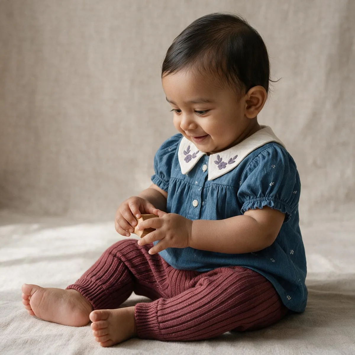 Baby sitting in a denim blue Peter Pan collar shirt and burgundy ribbed trousers