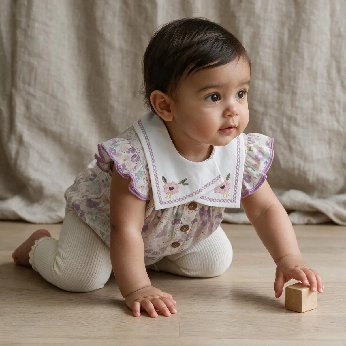 Baby crawling in a lilac sailor-collar romper and cream leggings