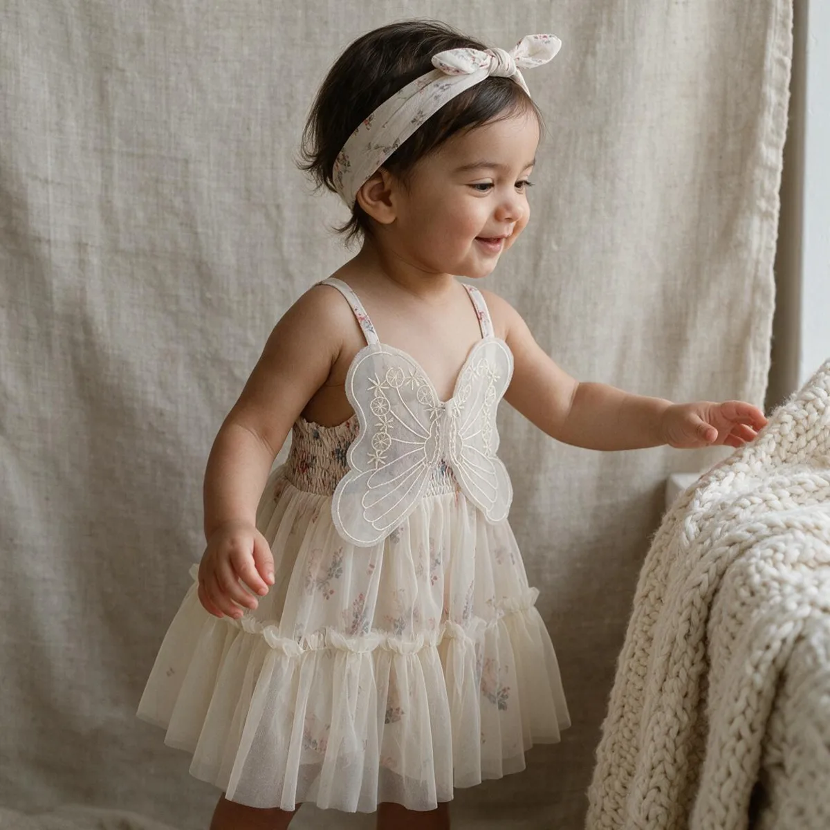 Baby standing in an ivory tiered tulle camisole dress with a headband