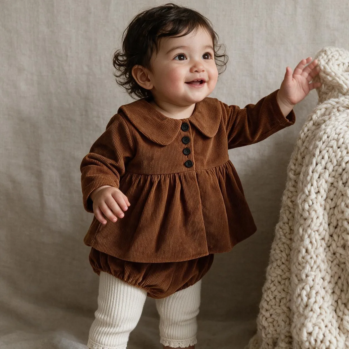 Toddler standing in a green and navy striped hooded toggle coat over a floral dress with cream tights