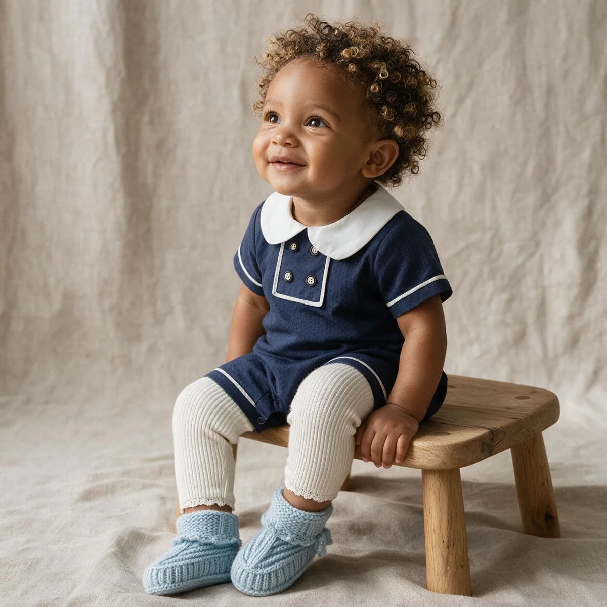 Baby sitting turned away in a blush pink tulle romper and cream ribbed leggings