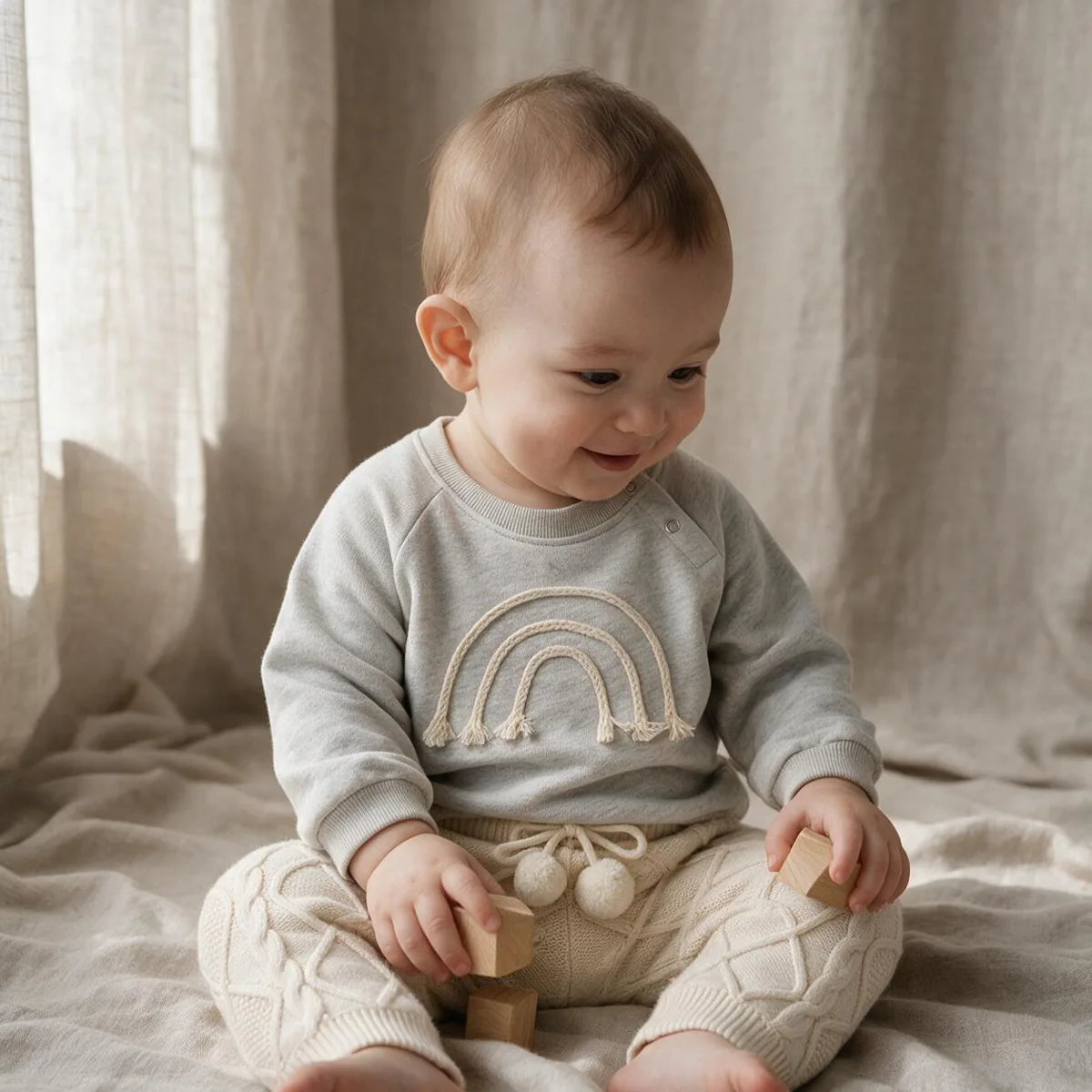 Baby sitting in a grey smocked puff-sleeve dress with a bow at the neck