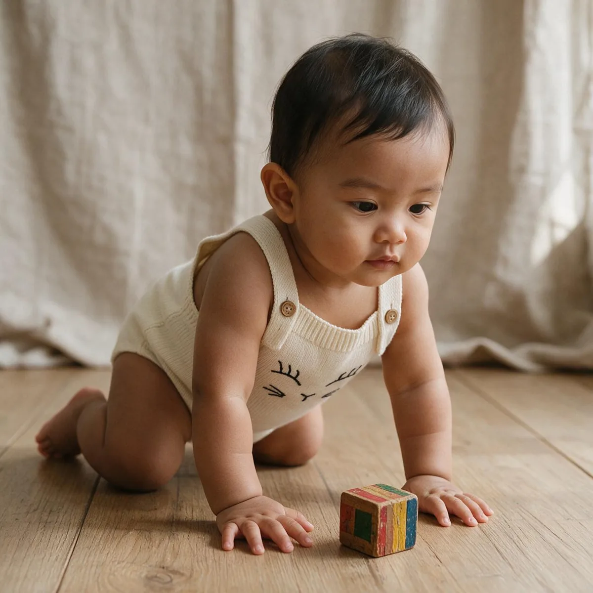 Baby crawling on a wooden floor in a cream knitted dress and brown sandals