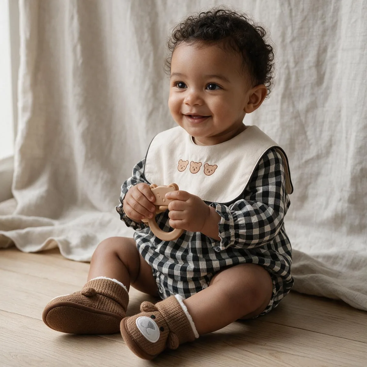 Baby sitting turned in a sky blue Peter Pan collar shirt, oat bloomers and beige sandals