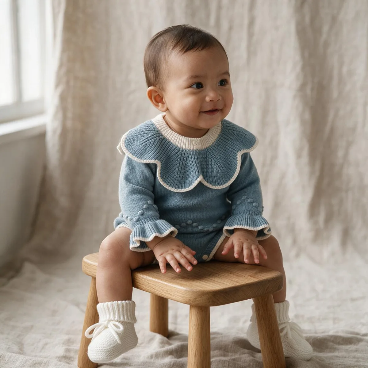 Baby sitting in a dusty pink and sage patchwork gingham dress with lace collar and cream bonnet