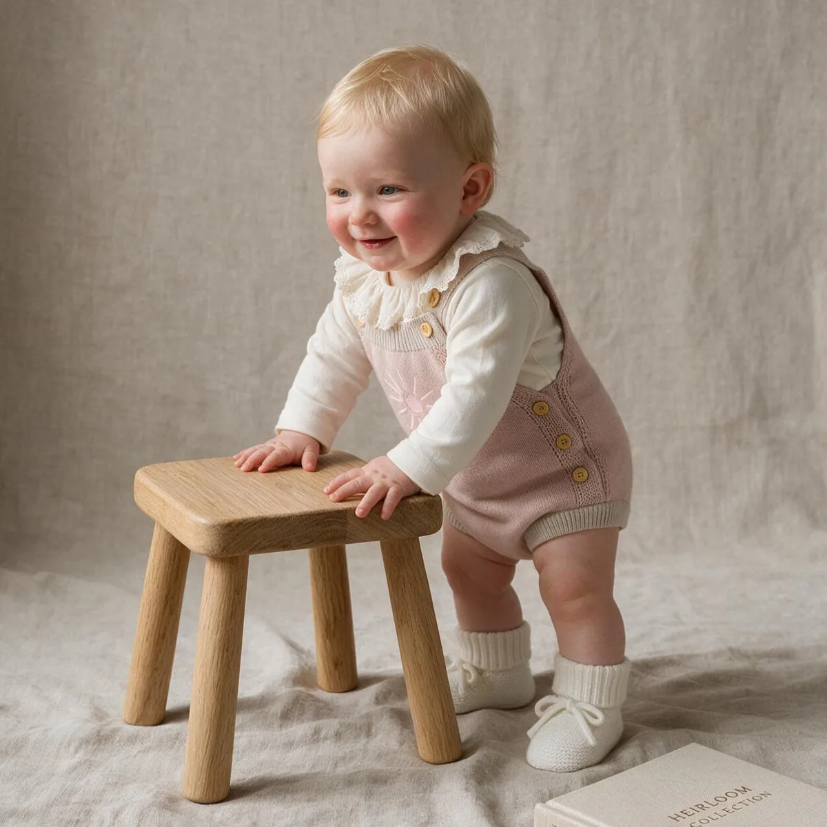 Baby standing at a stool in a pink smocked dress with scalloped heart yoke