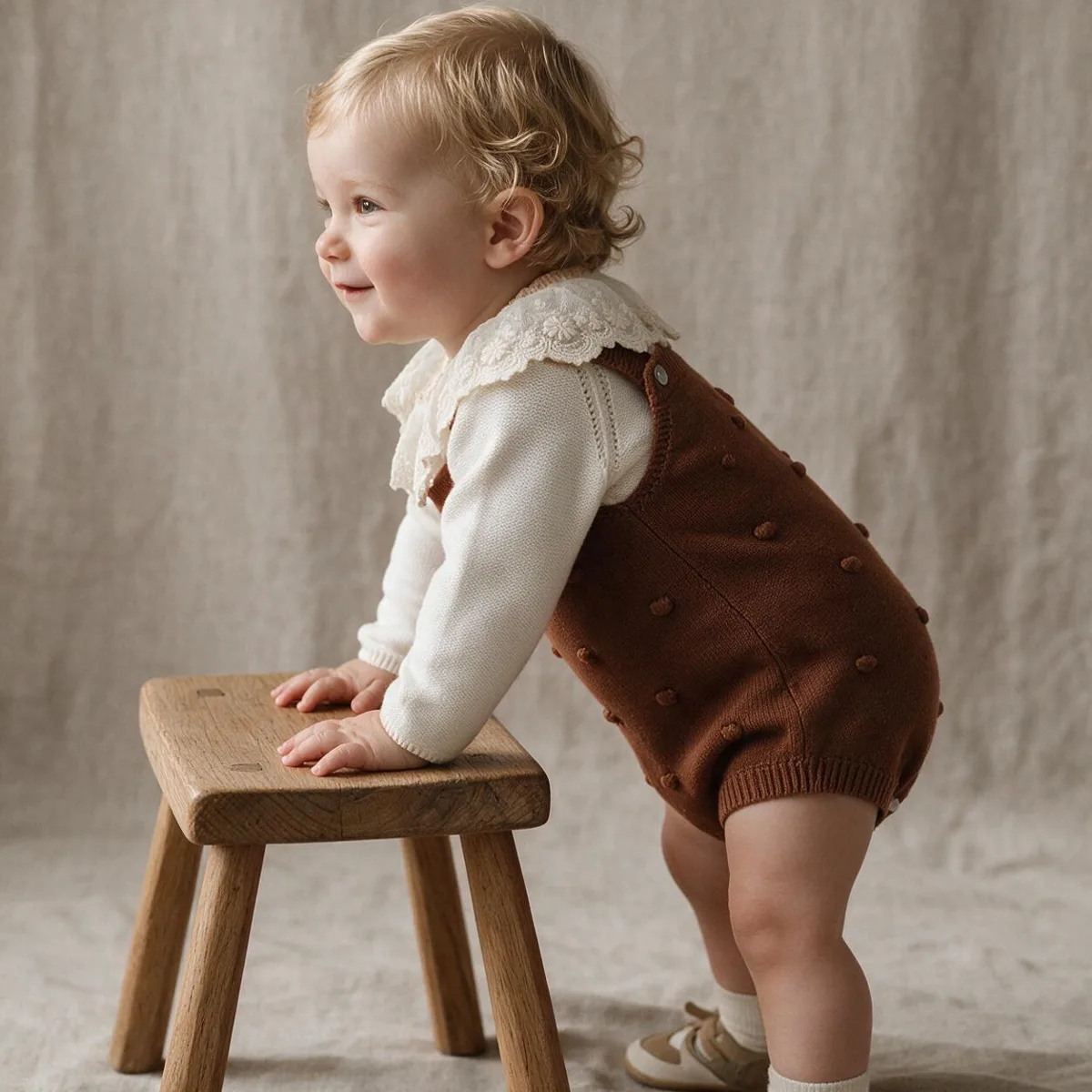 Baby standing at a stool in a chocolate corduroy Peter Pan collar set with cream ribbed tights