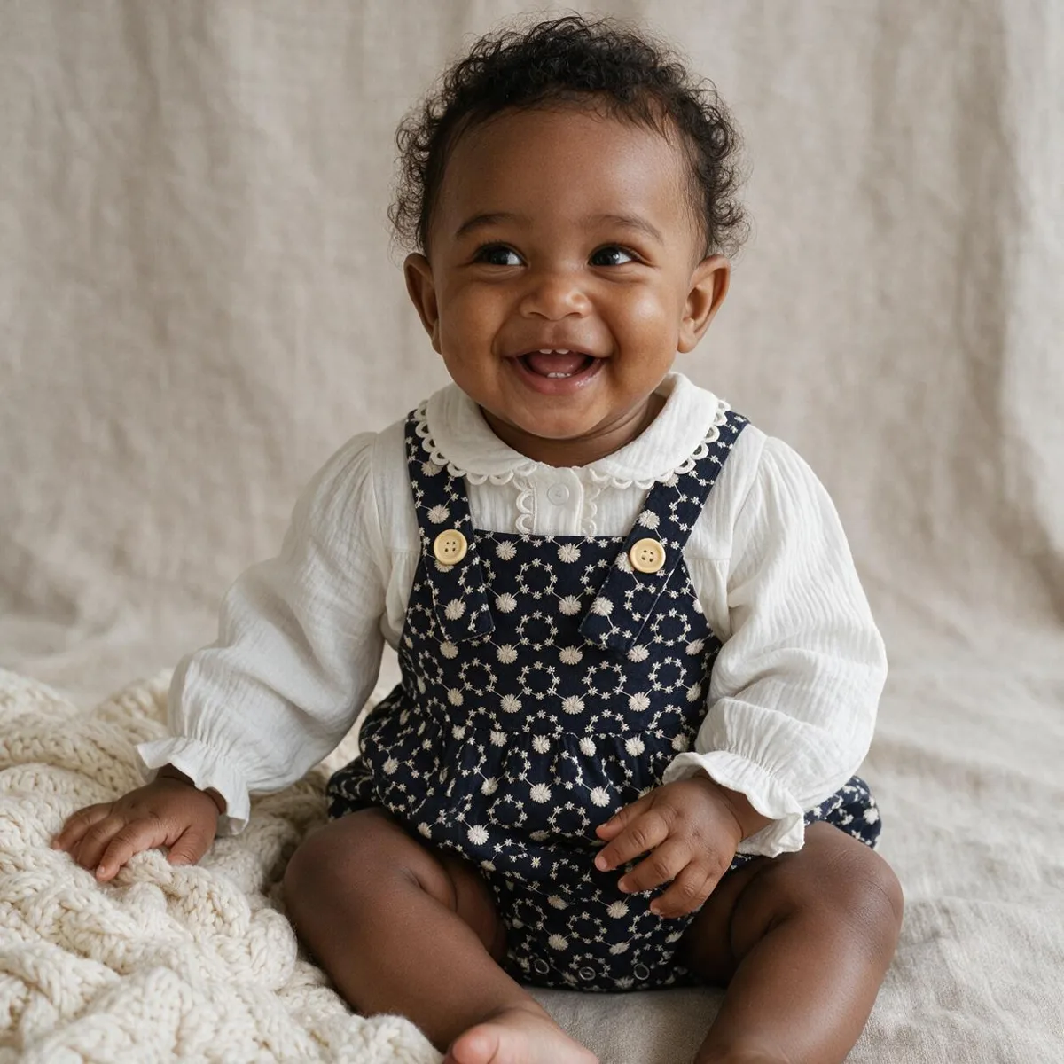 Baby sitting in brown and cream striped mouse overalls over a cream tee with bear booties
