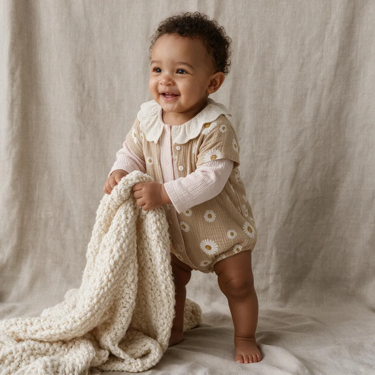 Baby leaning on a stool in a white lace-collar blouse and rust knitted overalls