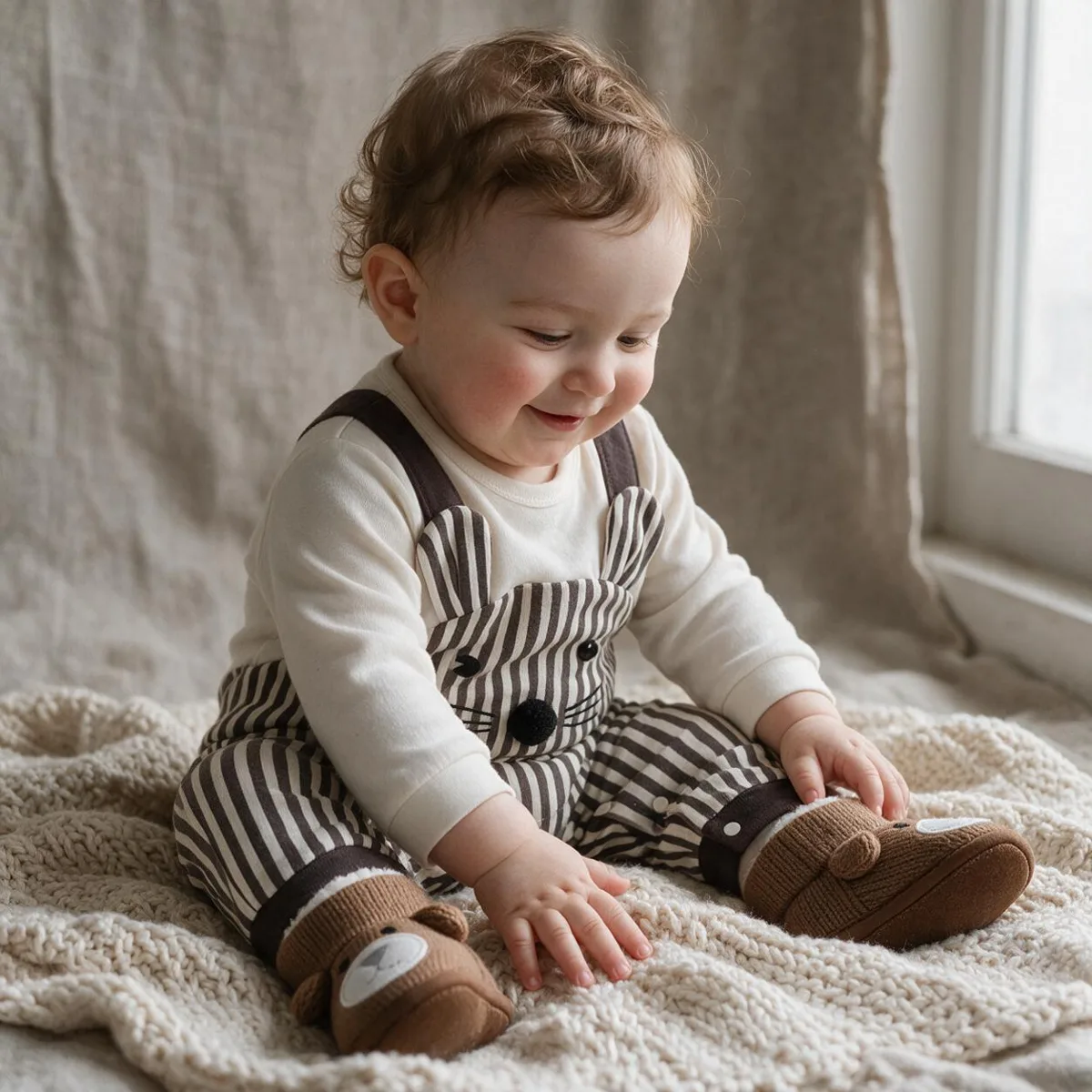 Baby sitting in a blue plaid bow-tie romper with a bear patch and blue knitted booties