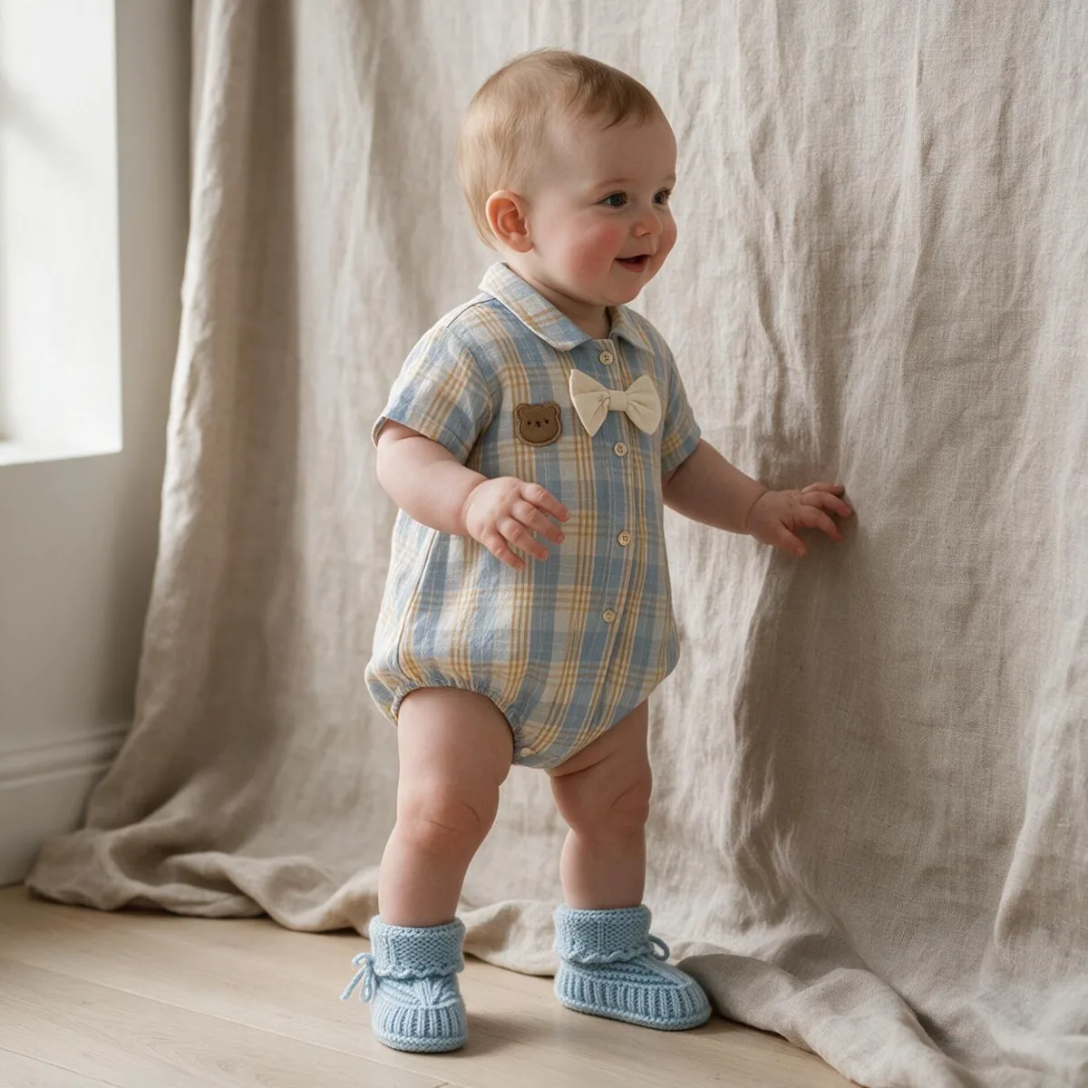 Toddler standing in a cream lace dress with a scalloped collar