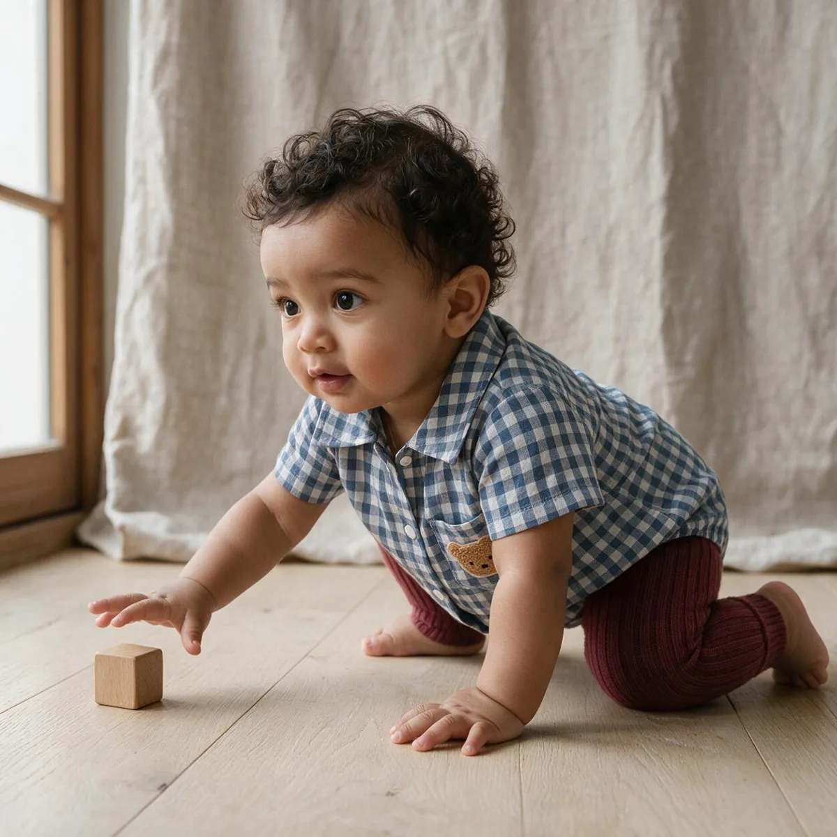 Baby crawling in a beige ribbed knitted one-piece