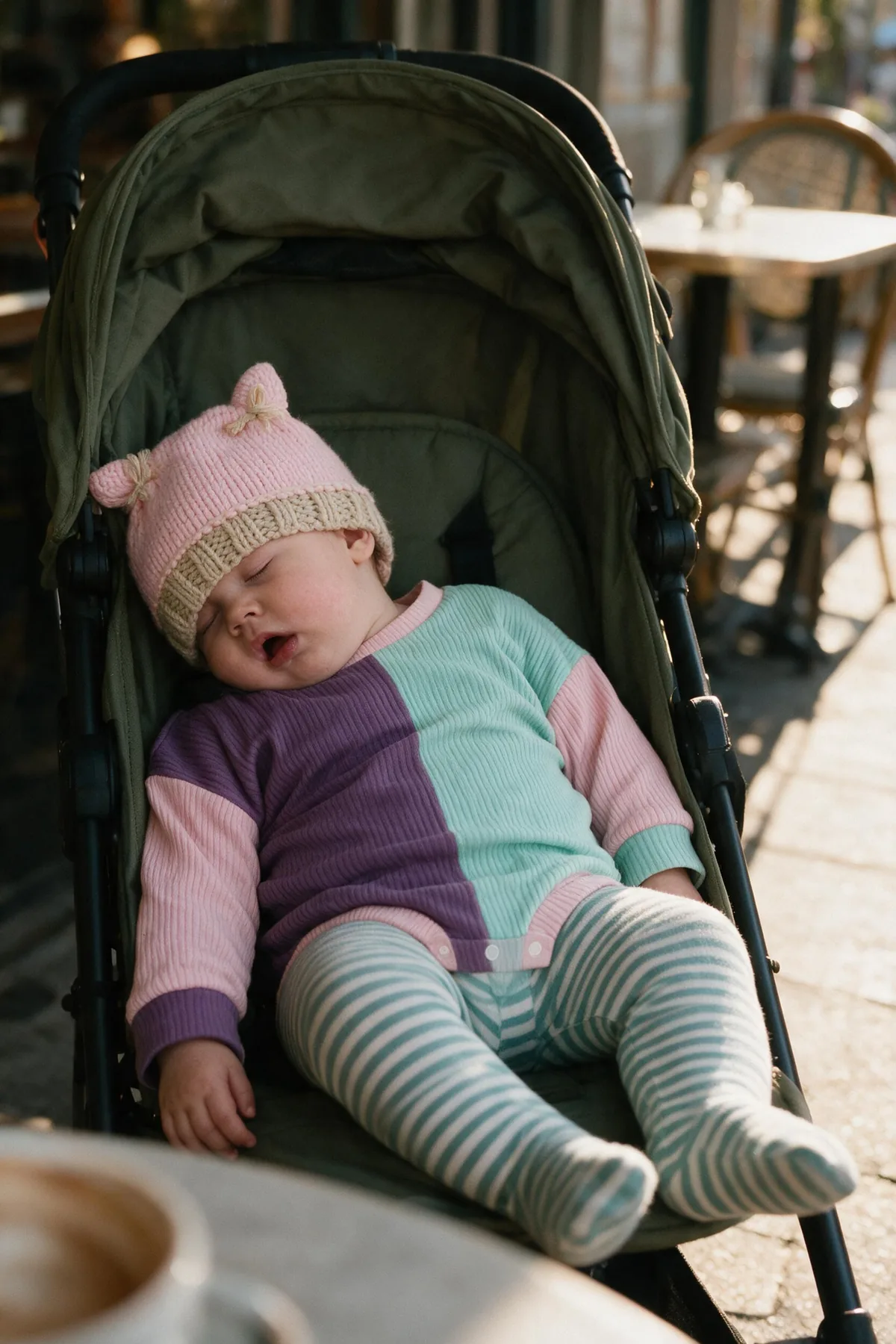 Baby asleep in a pushchair in a purple and mint colour-block romper, striped footed leggings and a pink kitten-ear beanie