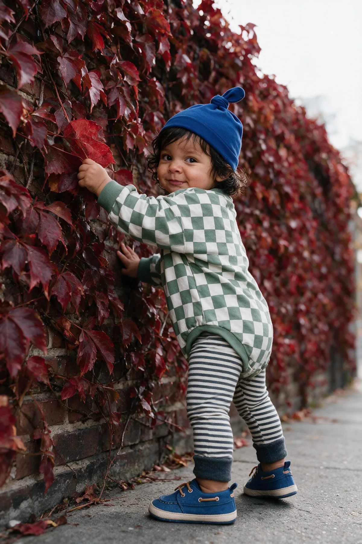 Toddler in a sage checkerboard romper, striped leggings, cobalt beanie and blue boat shoes on tiptoe at a red creeper wall