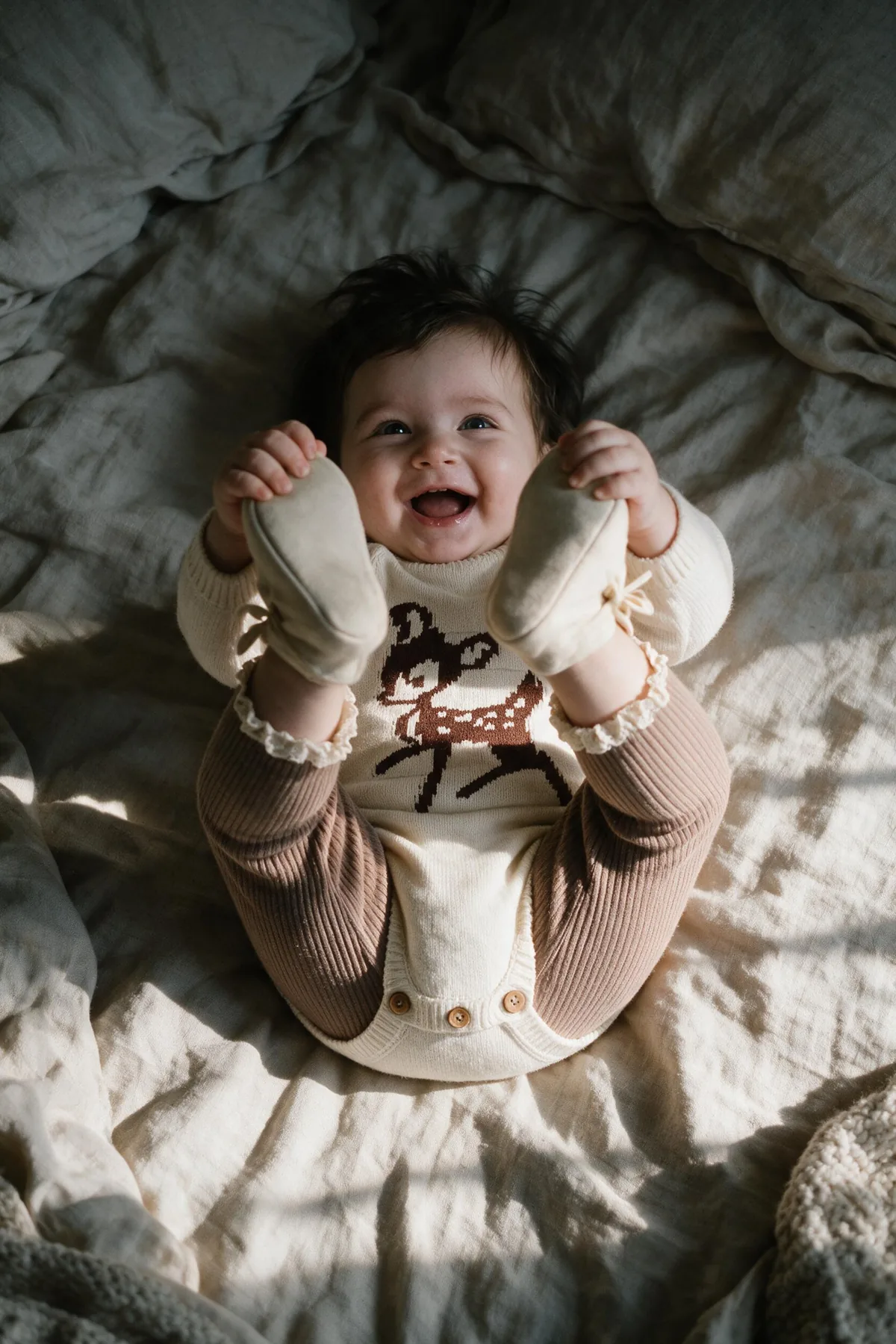 Baby girl in a cream fawn knit romper and mocha leggings lying on a bed holding her booties
