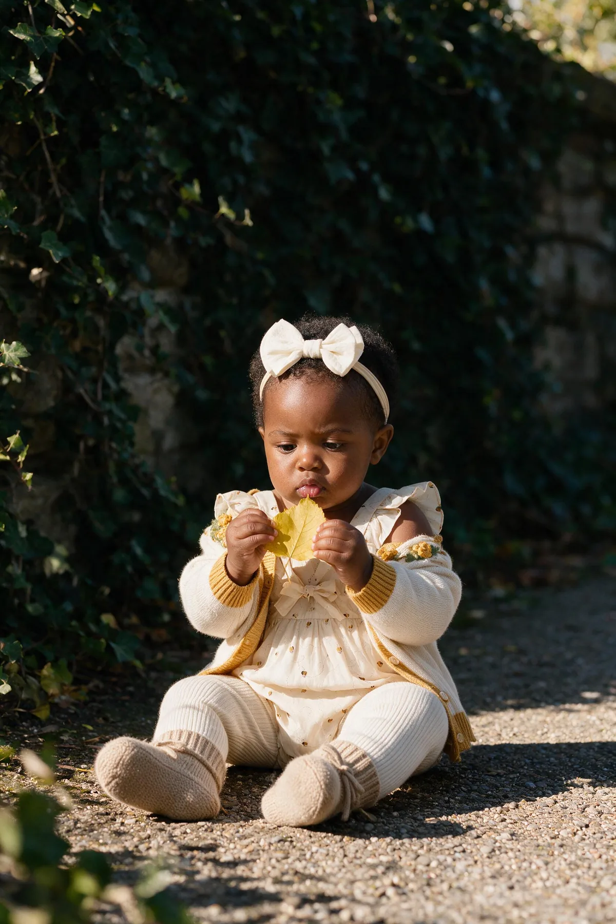 Baby girl in a cream bee-print romper, crochet-flower cardigan, cream leggings, camel booties and a big bow headband sitting by an ivy wall