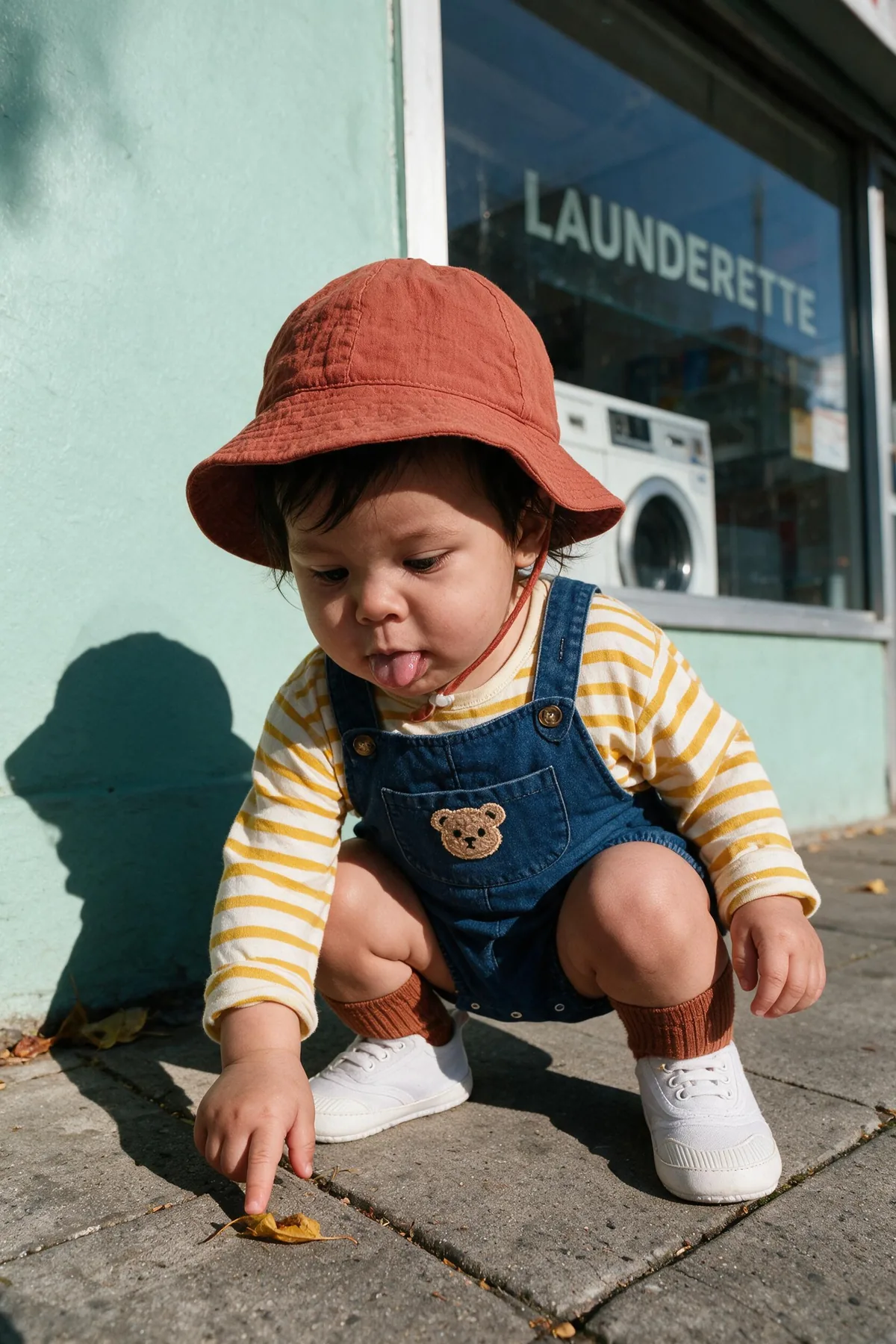 Toddler in a red bucket hat, yellow striped tee, chambray shortalls, rust knee socks and white sneakers squatting by a launderette