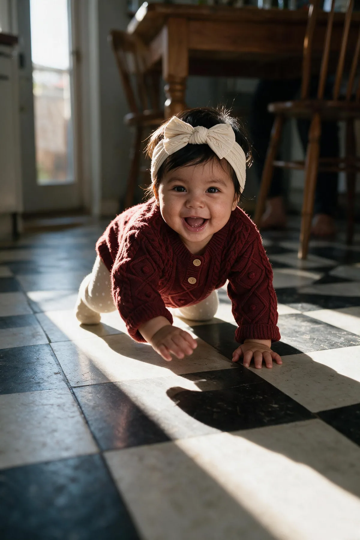 Baby girl in a cherry-red cable knit romper, cream footed leggings and a cream bow headband crawling across black and white tiles