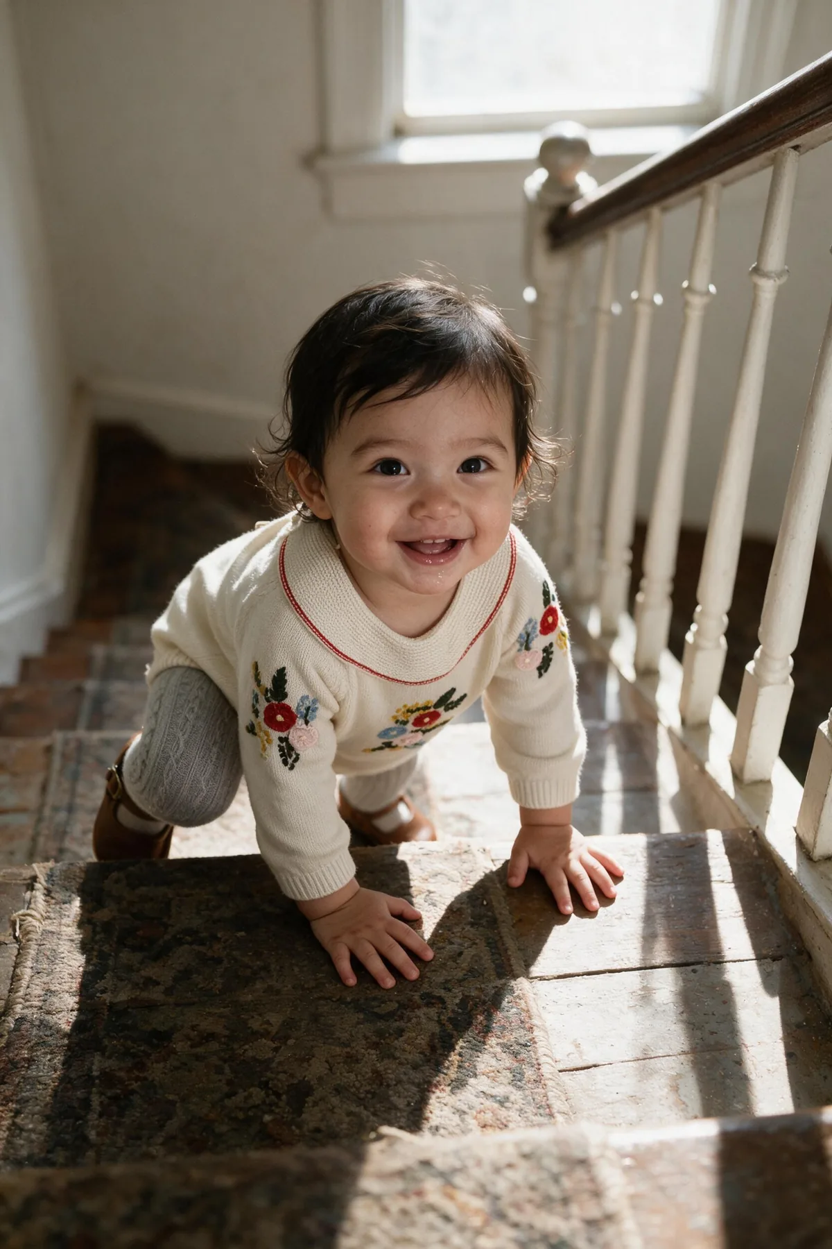 Toddler in a cream knit romper with embroidered flowers, grey tights and tan T-bar shoes crawling up a staircase