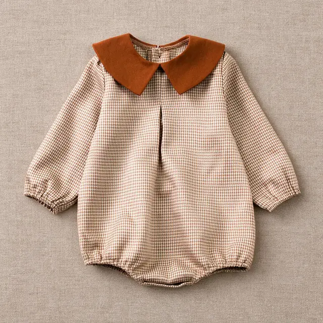 Peter Pan Check Bubble Romper — Caramel