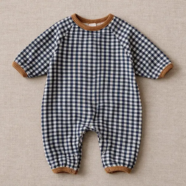 Ribbed Check Raglan Romper