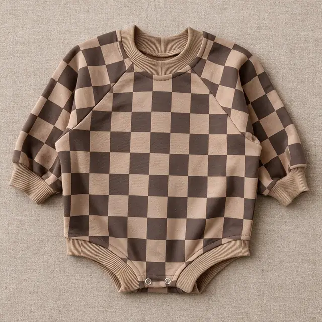 Gingham Grid Bubble Romper — Brown Check